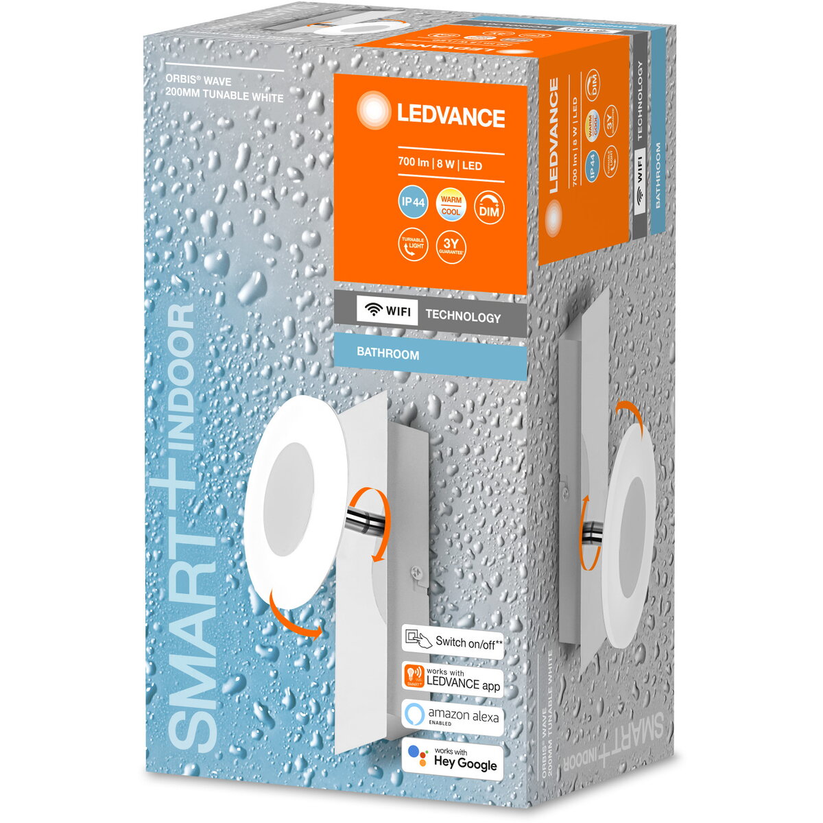 Aplica LED inteligenta pentru baie SMART+ Wifi Orbis Wave 200, 8W, 700 lm, lumina alba (3000-6500K), IP44, 200x93x120mm, metal, Argintiu