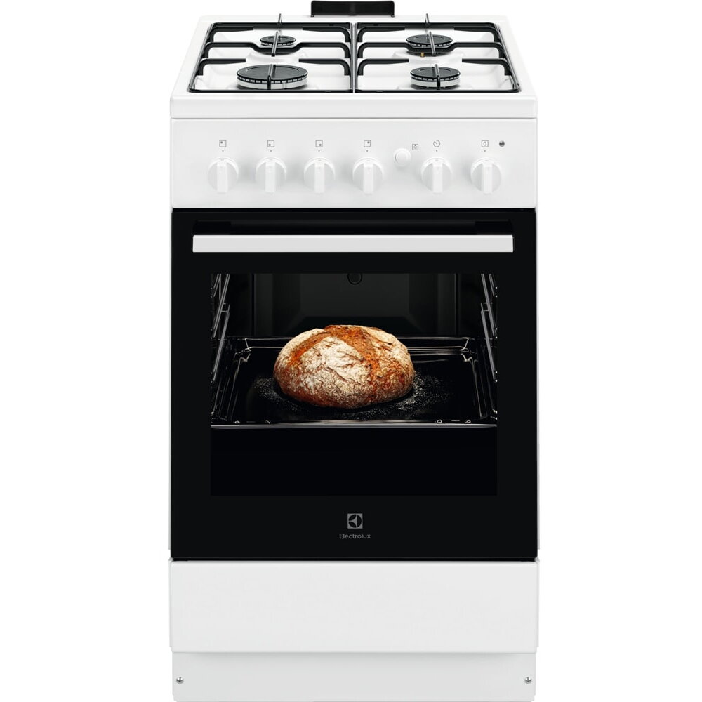 Aragaz Electrolux LKG504012W, Gaz, 4 arzatoare, Aprindere integrata plita si cuptor, Siguranta plita si cuptor, Autocuratare catalitica, Grill electric, Rotisor, 50 cm, Alb