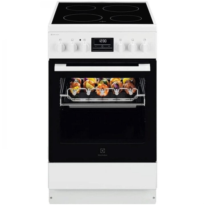 Aragaz Electrolux LKR540267W, Electric, Vitroceramica, 4 zone de gatit, Raft BBQ, Timer electronic, Grill, Iluminare cuptor, Clasa A, 50 cm, Alb