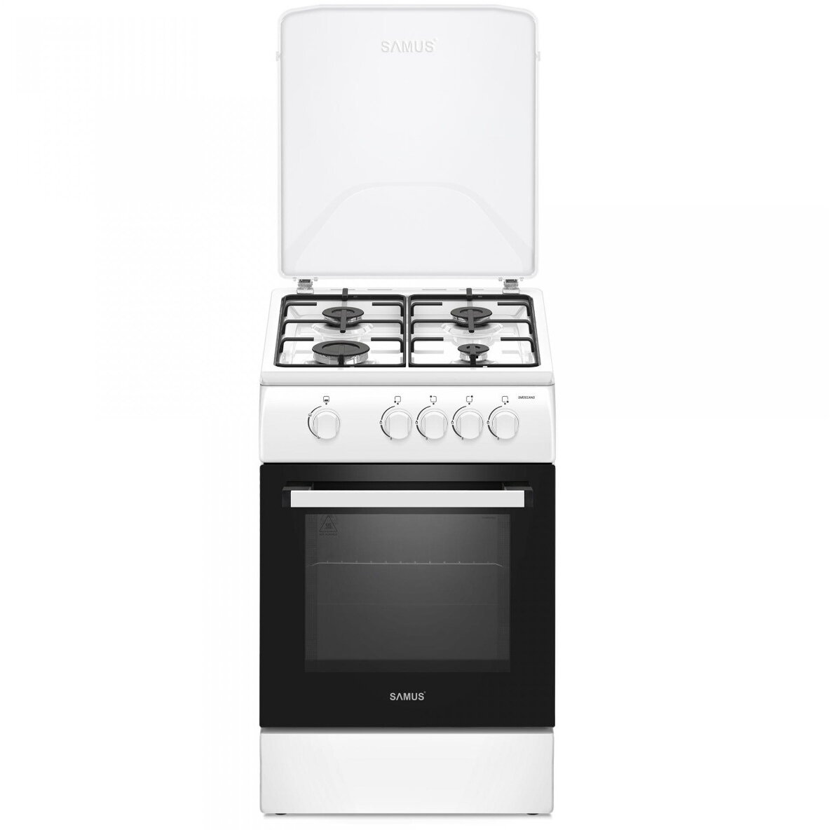 Aragaz pe gaz SM561ANS, 4 arzatoare, cuptor pe gaz 54 litri, latime 50 cm, dispozitiv siguranta plita si cuptor, geam dublu la cuptor, capac metalic, alb