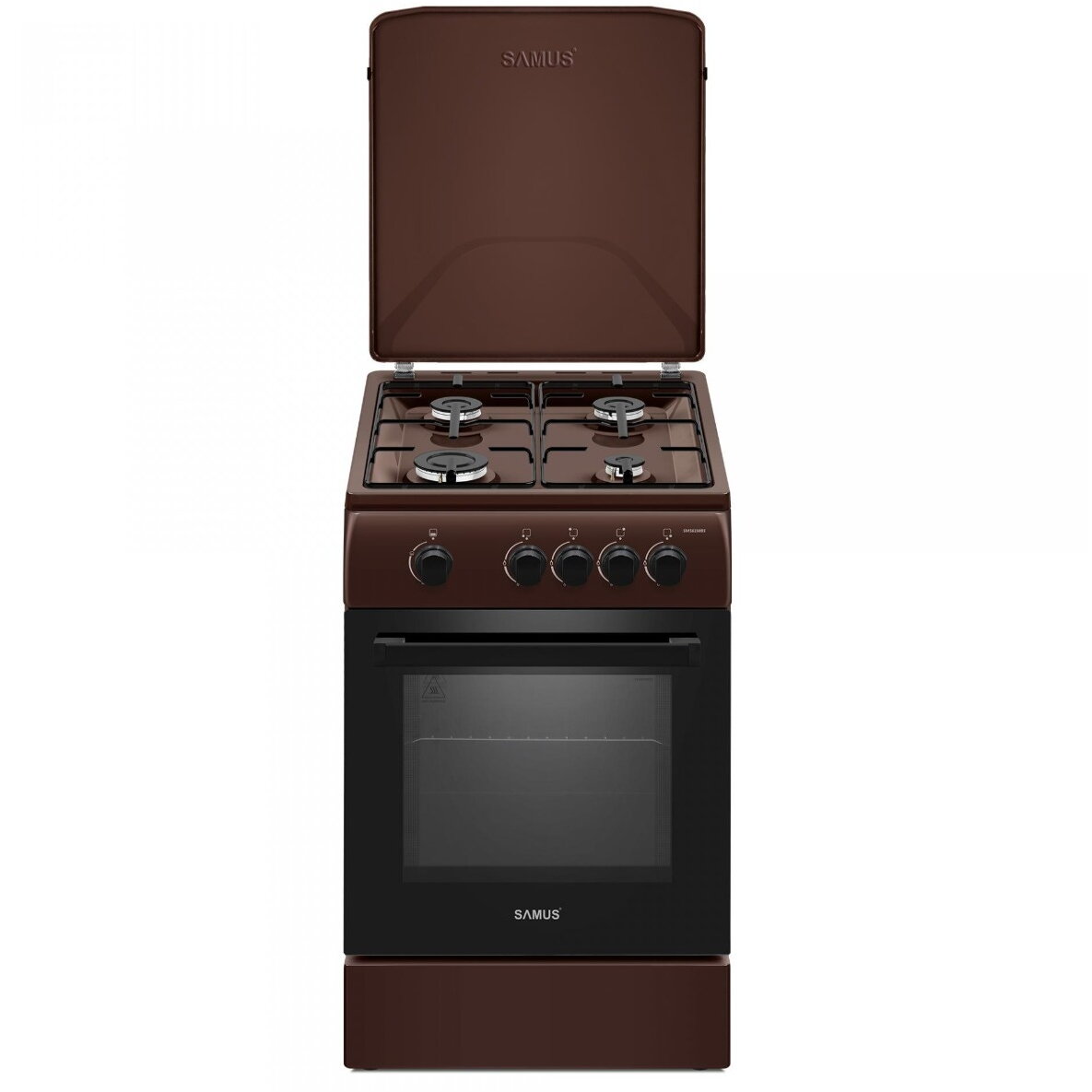 Aragaz pe gaz SM561MBS, 4 arzatoare, cuptor pe gaz 54 litri, dispozitiv siguranta plita si cuptor, geam dublu la cuptor, capac metalic, latime 50 cm, maro
