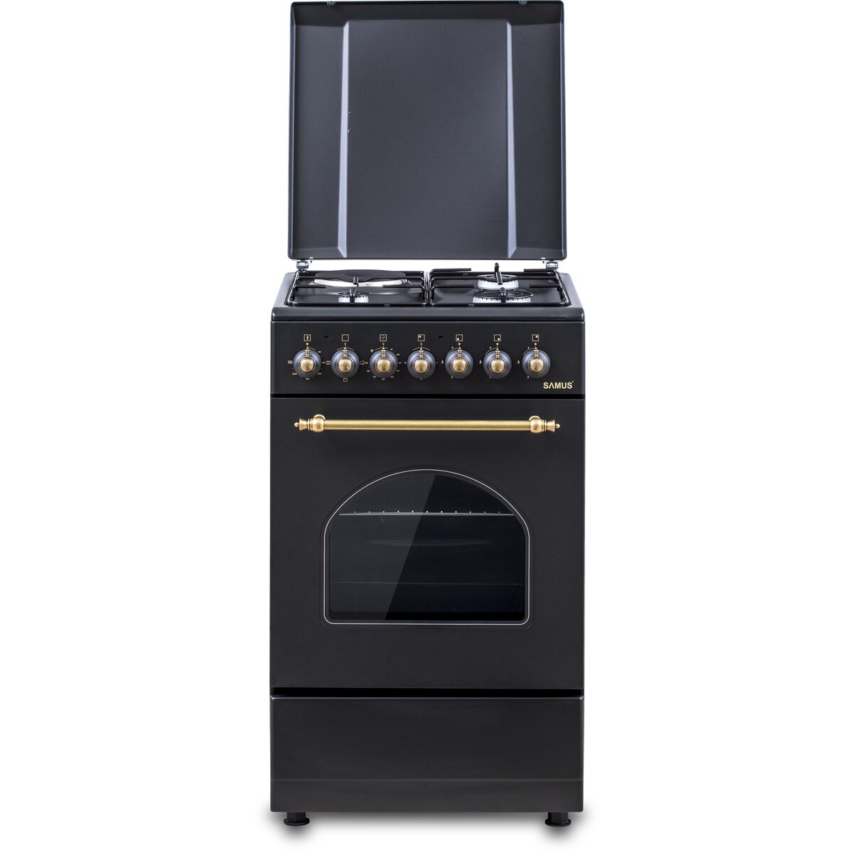 Aragaz SR550EL3B1 Design Rustic 3 Arzatoare pe Gaz + 1 Arzator Electric Cuptor Electric 48L Timer Mecanic 50CM Negru