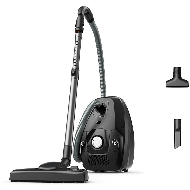 Aspirator cu sac Green Force Max Silence RO6136EA, 750W, 70% plastic reciclat, 3 niveluri de filtrare, 4.5L, perie EasyBrush, Negru/ argintiu