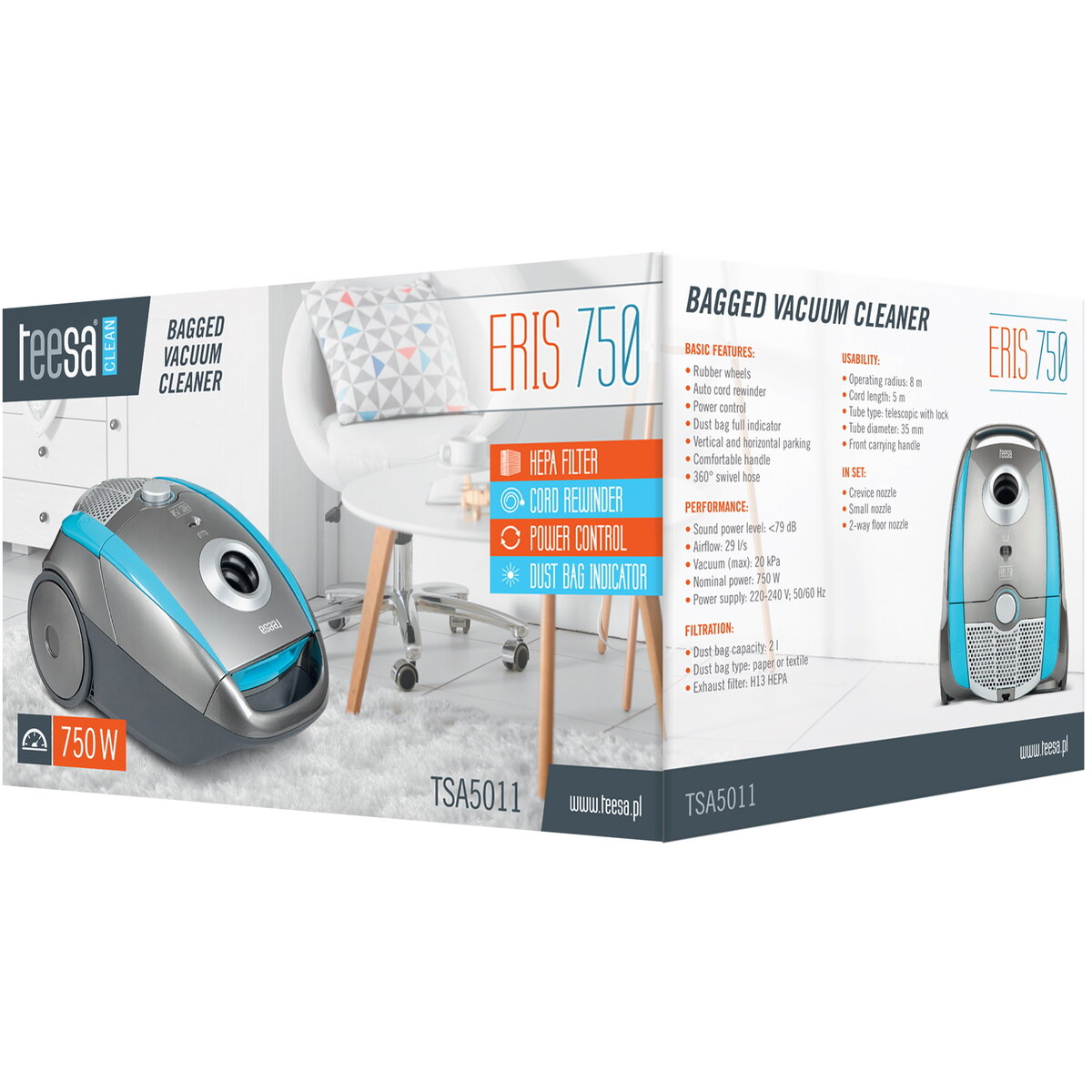 Aspirator Cu sac TSA5011 Eris 750W 2 litri Gri