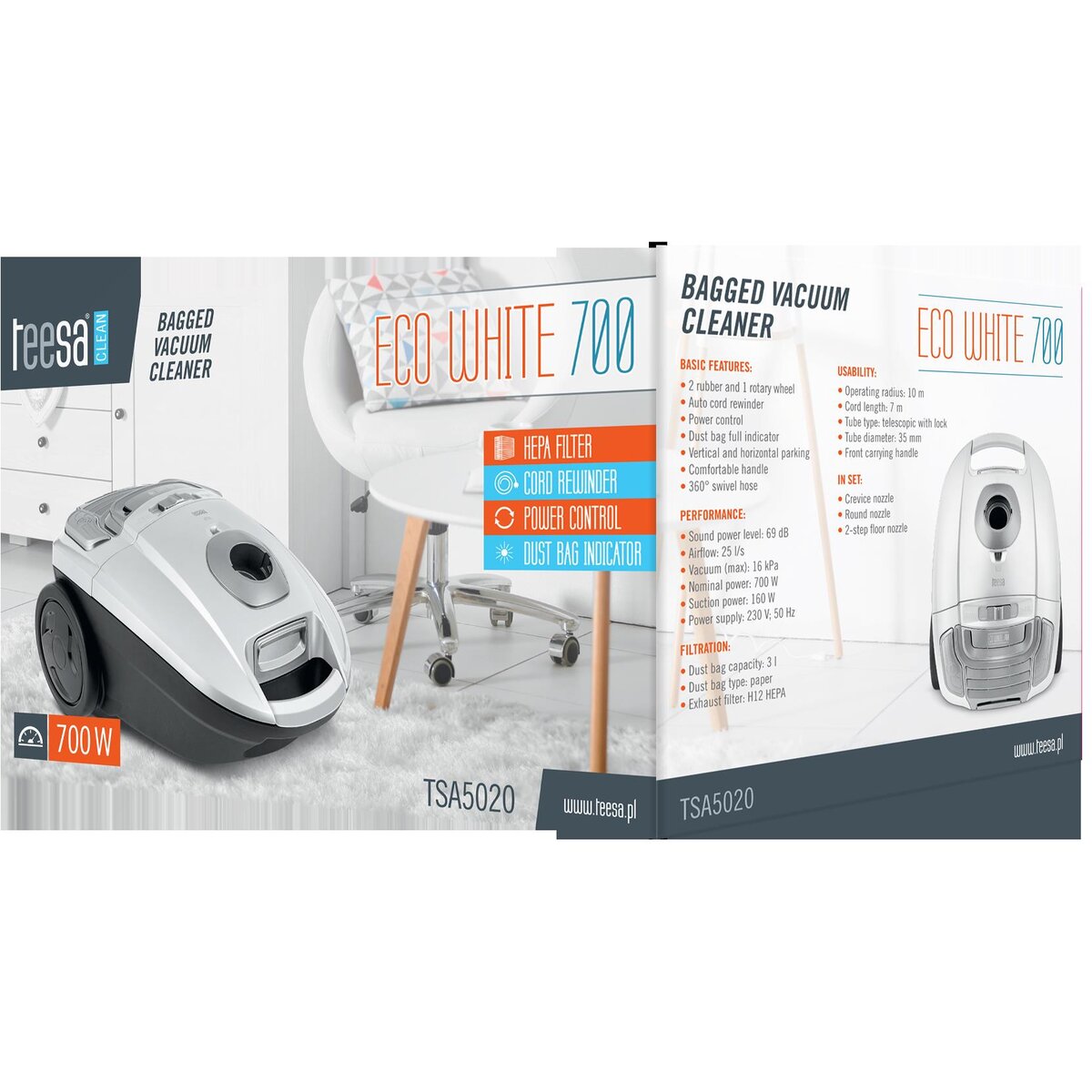 Aspirator Cu Sac 700W 3l Cablu 7m Alb