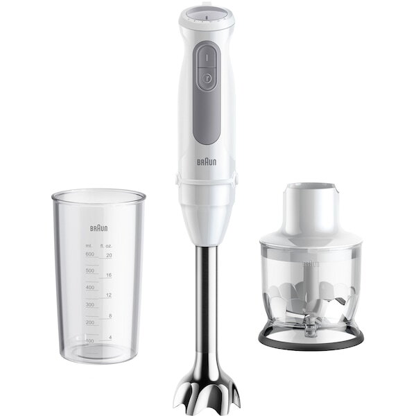 Blender vertical Braun MQ50201M, 1000 W, 21 trepte viteza, Functie Turbo, Tocator 350 ml, Pahar gradat 600 ml, Alb/Gri