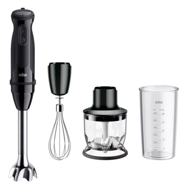 Blender vertical Braun MQ50202M, 1000 W, 21 trepte viteza, Functie Turbo, Tocator 350 ml, Tel, Pahar gradat 600 ml, Negru