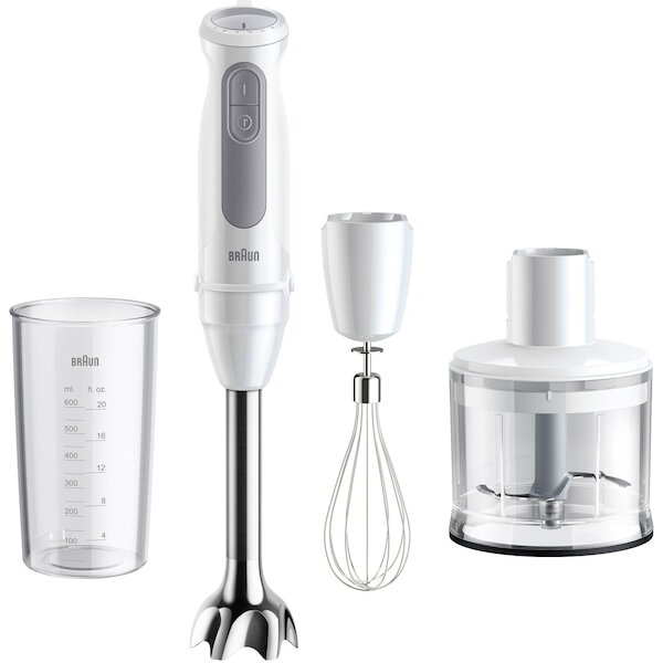 Blender vertical Braun MQ50236M, 1000 W, 21 trepte viteza, Functie Turbo, Tocator 500 ml, Tel, Pahar gradat 600 ml, Alb/Gri