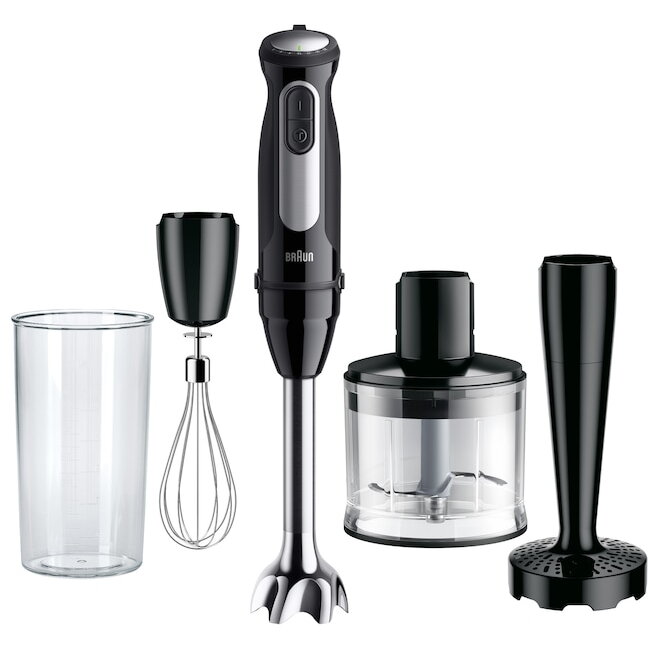 Blender vertical Braun MQ55307M, 1000 W, 25 trepte viteza, Functie Turbo, Tocator 500 ml, Accesoriu piure, Pahar gradat 600 ml, Tel, Negru/Inox