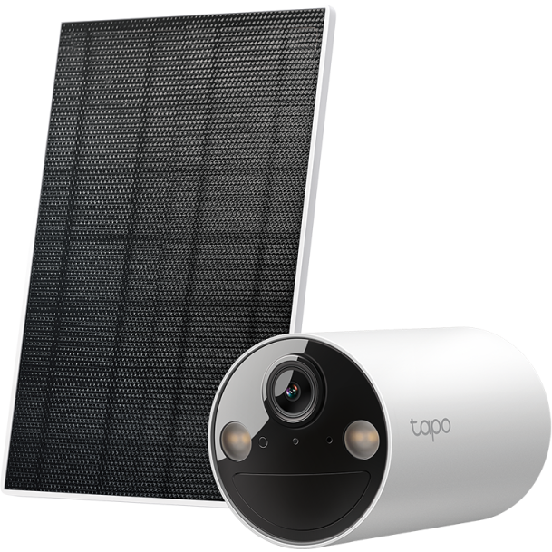 Kit Camera IP de Supraveghere pentru Exterior Tapo C410 cu Acumulator Include Panou Solar pentru Alimentare IP66 Distanta IR 15M 3Mpx Rezolutie 2K RJ-45+Wireless Alb/Negru