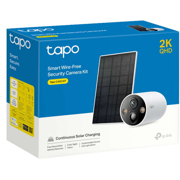 Kit Camera IP de Exterior Tapo C425 cu Acumulator Include Panou Solar IP66 Distanta IR 15M Lentila Fixa 3.15MM 3Mpx Rezolutie 2K Wireless Microfon Necesita HUB Alb