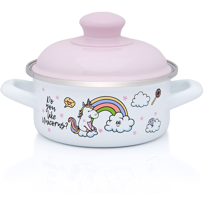 Cratita Mica cu Capac Unicorn Capacitate 1L Diametru 14CM Alb/Roz