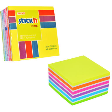 Cub notes autoadeziv 76 x 76 mm, 400 file, Stickn - neon/pastel asortate