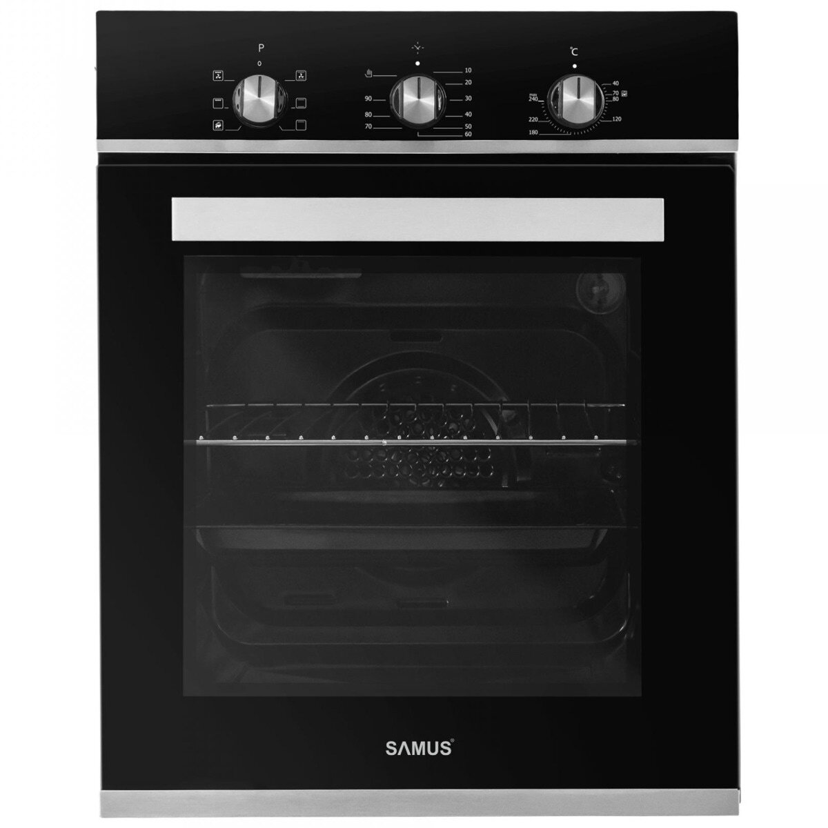 Cuptor electric incorporabil SC457GTBV, clasa A, 43 litri, 6 functii, grill, ventilatie, timer mecanic, panou control din sticla, 1900 W, negru