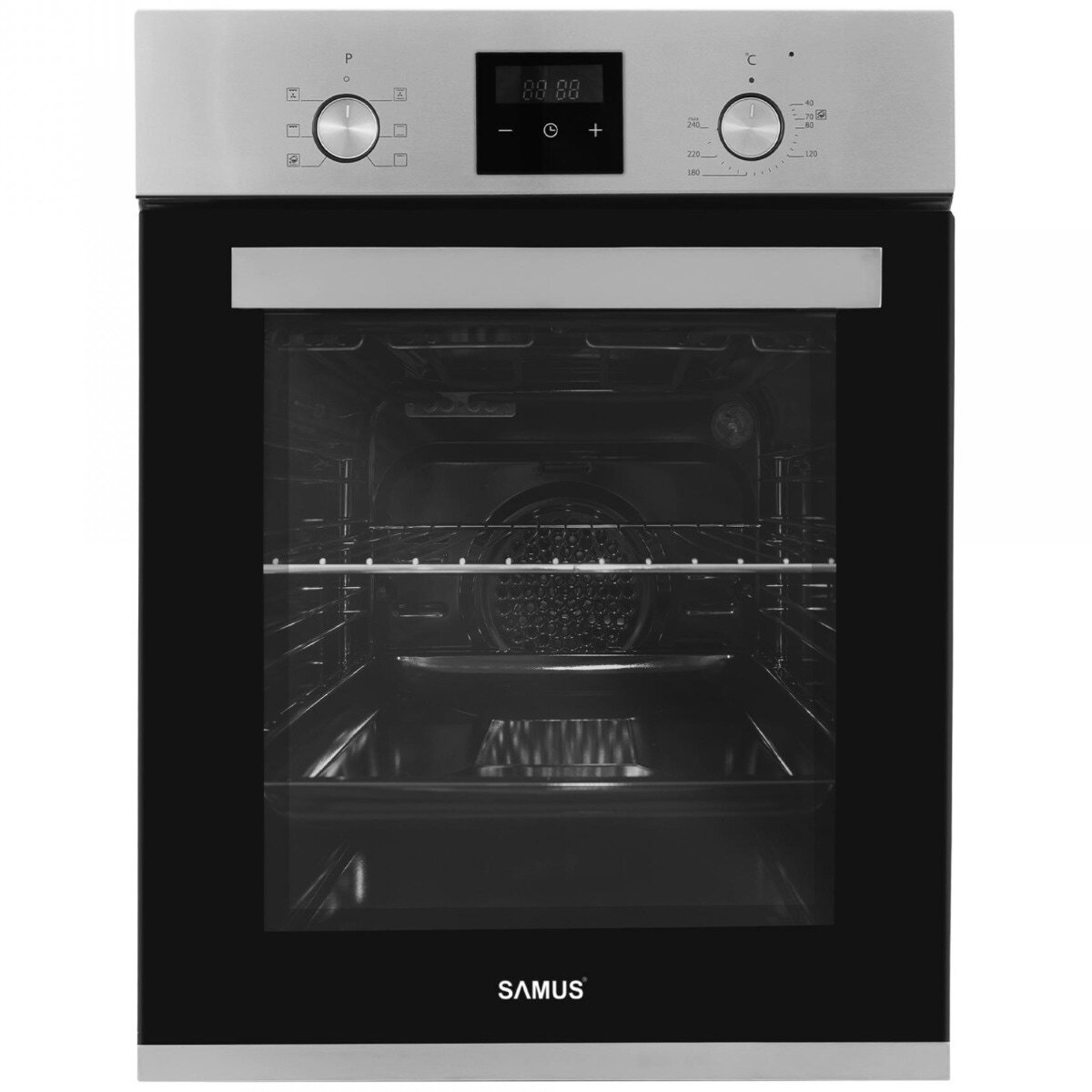 Cuptor electric incorporabil SCE458GTXV, clasa A, 47 litri, 6 functii, grill, ventilatie, timer, afisaj digital, blocare acces copii, panou control din inox, 1900 W, argintiu