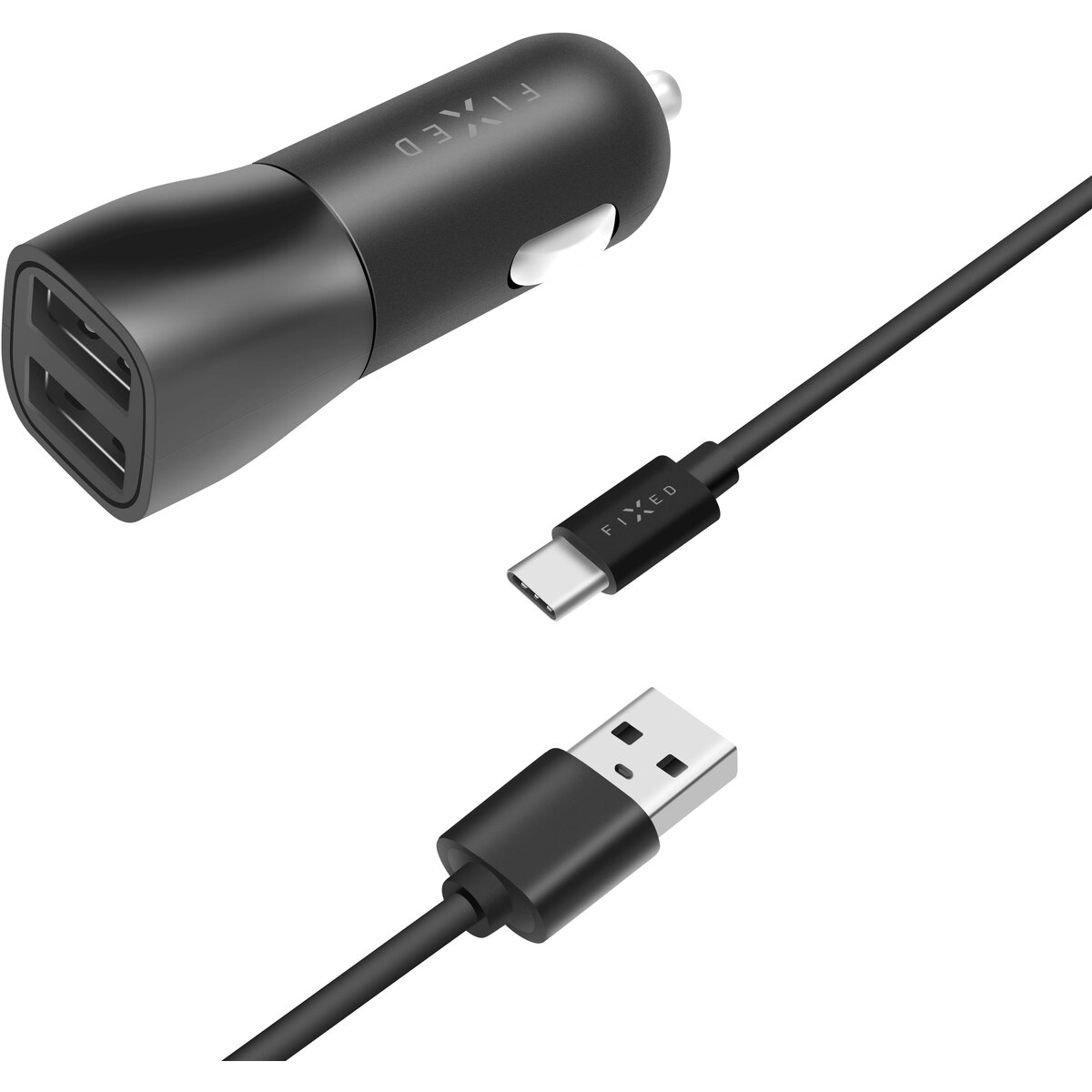 Dual USB Car Charger 15W+ USB/USB-C Cable, Black
