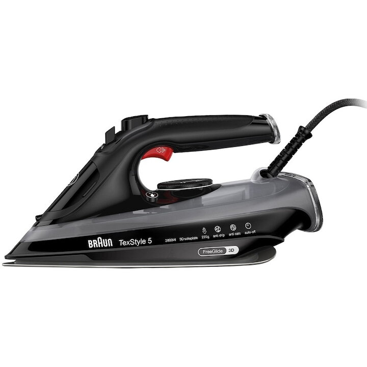 Fier Calcat Braun TexStyle 5 SI5088BK  2800W Abur Variabil 50g/min  Jet Abur 220g/min Rezervor 300ml Tehnologie FreeGlide 3D  Talpa EloxalPlus  Negru