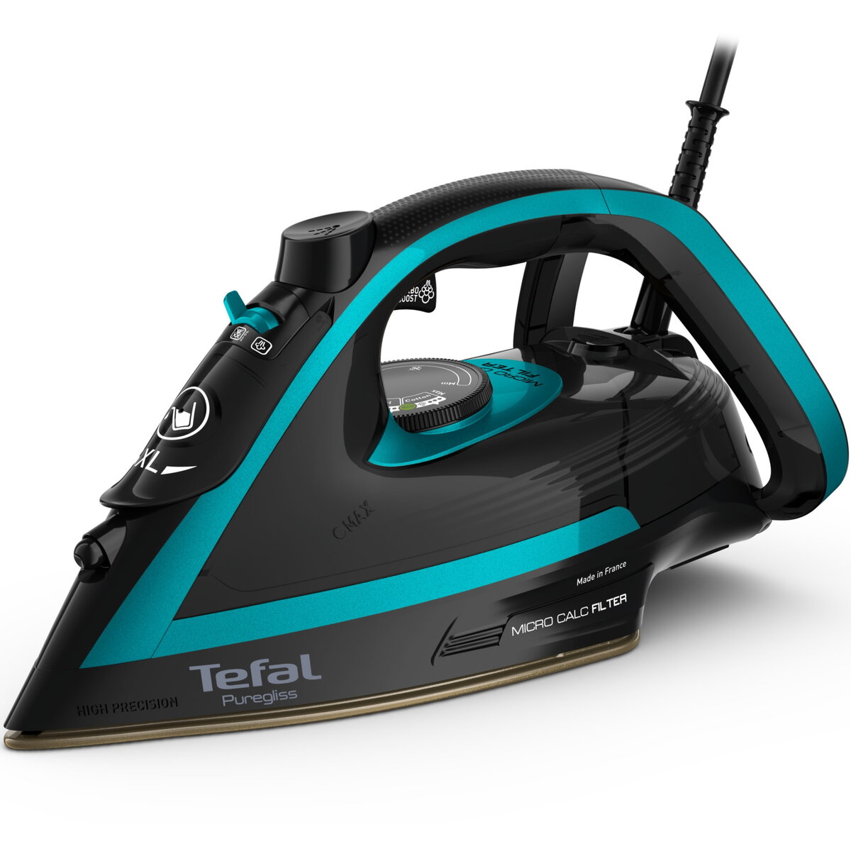 Fier de calcat Tefal Puregliss FV8066E0, 3000 W, abur variabil 50 g/min, Colector Micro Calc, Oprire automata, negru & albastru