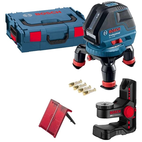 GLL 3-50 + BM 1 - Nivela laser cu linii si puncte, 3 linii laser, 10 m, - puncte laser, 5 m, +/-0.3 mm/m, suport perete, valiza speciala