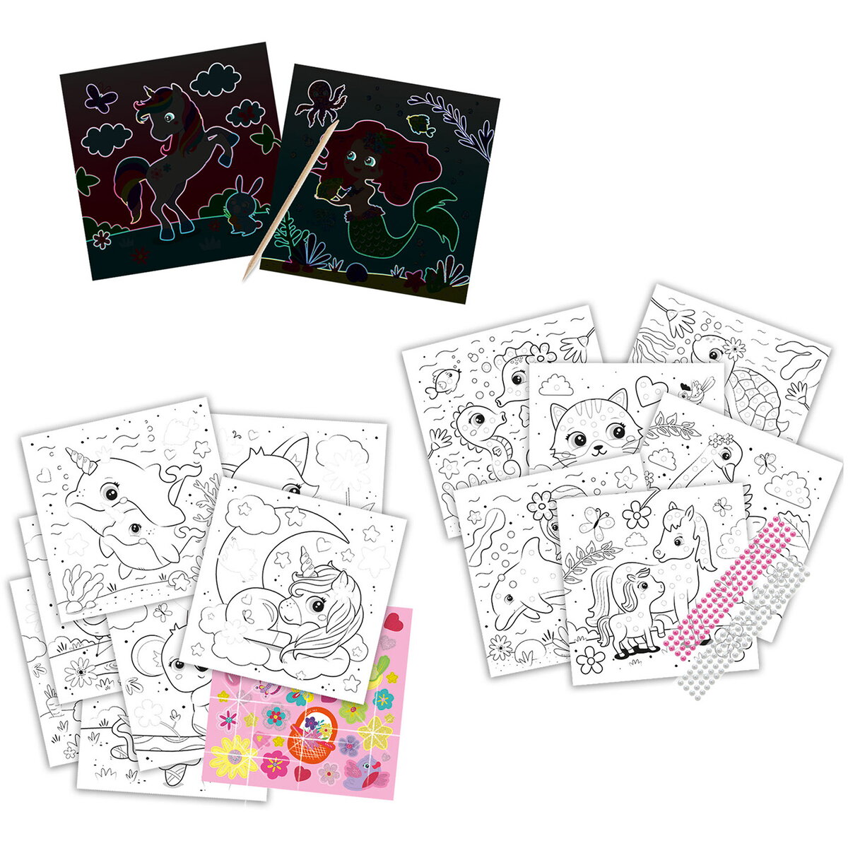 Jucarie Creativa Carte colorat 3 in 1 de copii cu animale, sclipici si perle adezive