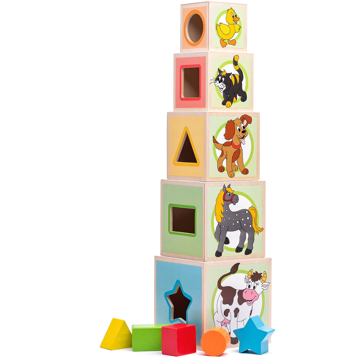 Jucarie din lemn - Piramida de stivuit cu animale