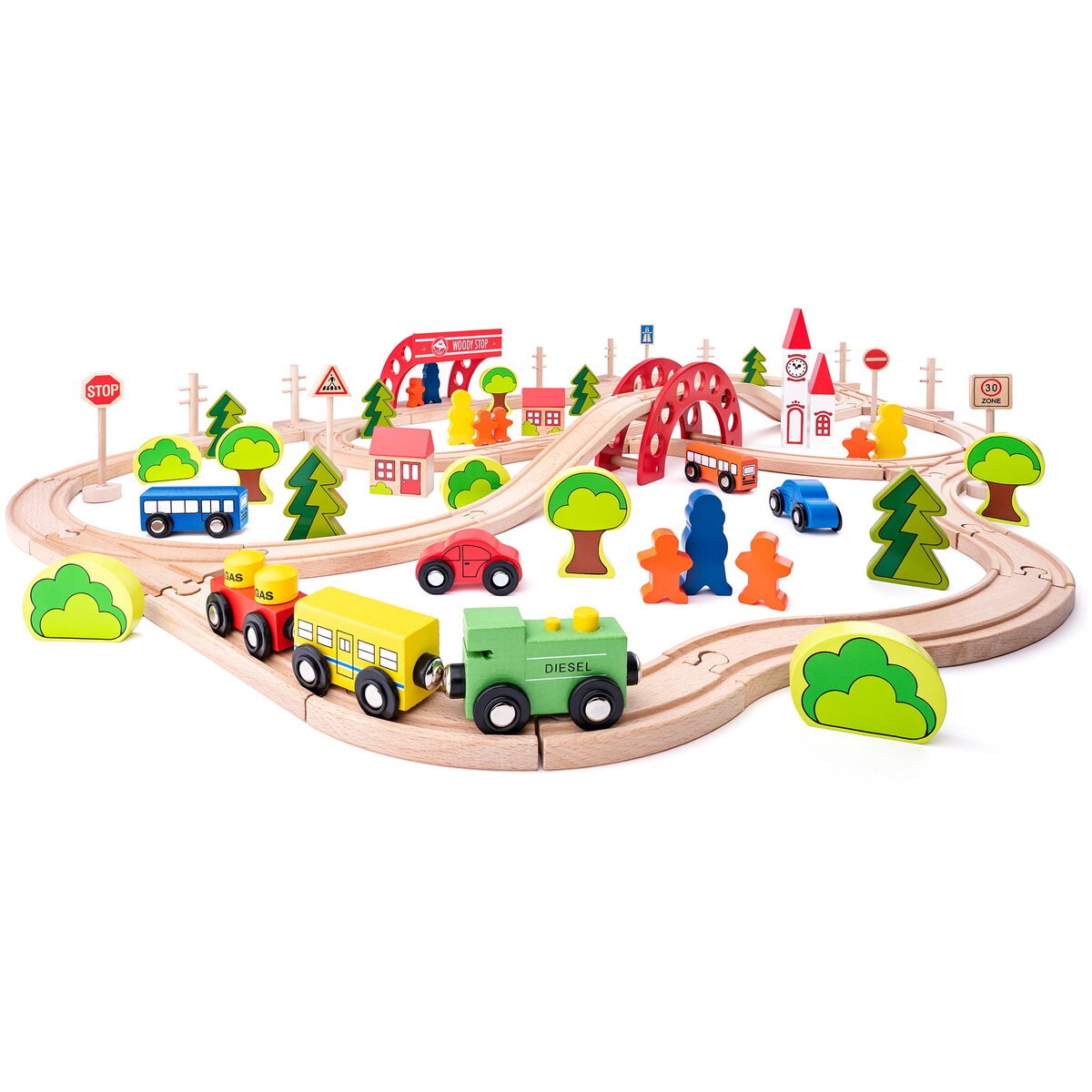 Jucarie Educationala Jucarie din lemn - Set tren cu pod si bariera (90 piese)