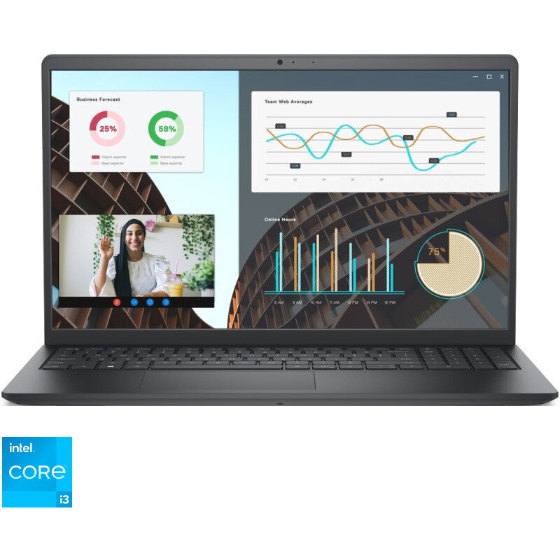 Laptop 15.6'' Vostro 3530, FHD 120Hz, Procesor Intel Core i3-1305U (10M Cache, up to 4.50 GHz), 8GB DDR4, 512GB SSD, Intel UHD, Linux, Carbon Black
