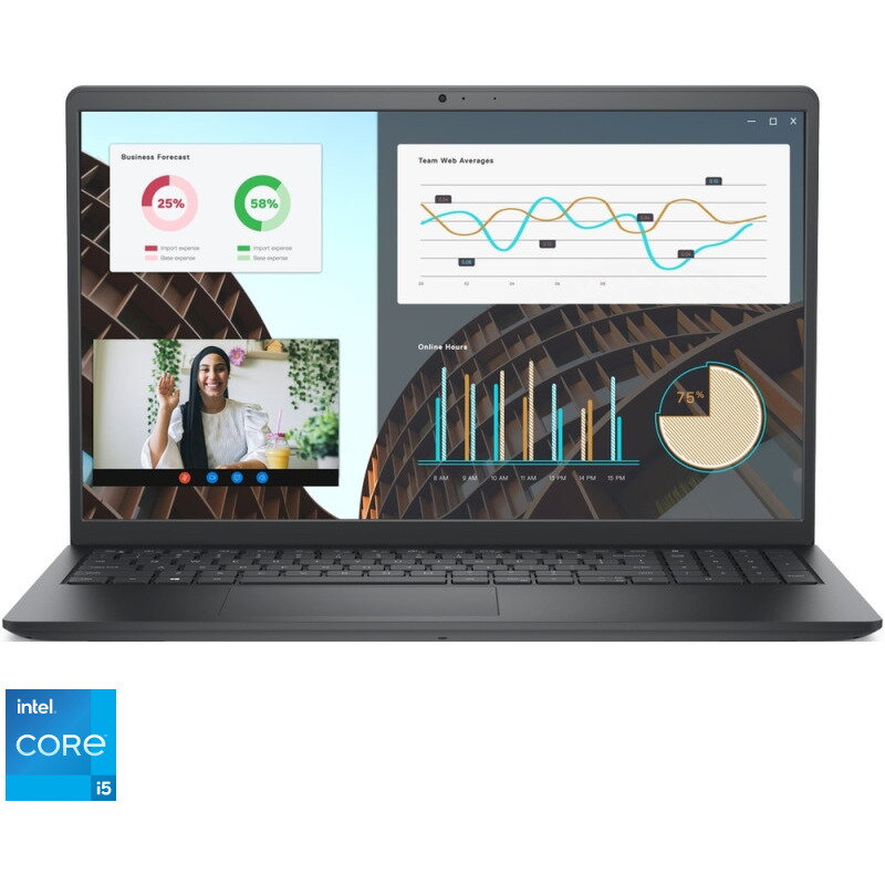 Laptop 15.6'' Vostro 3530, FHD 120Hz, Procesor Intel Core i5-1334U (12M Cache, up to 4.60 GHz), 16GB DDR4, 512GB SSD, Intel Iris Xe, Linux, Carbon Black, 3Yr ProSupport