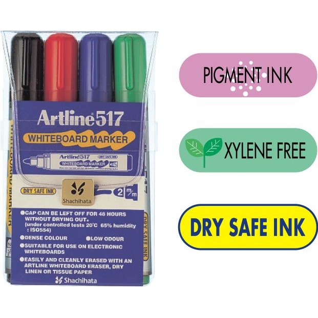 Marker pentru tabla de scris Artline 517 - Dry safe ink, varf rotund 2.0mm, 6 culori/set