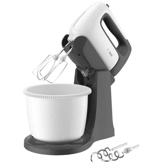 Mixer cu bol Tefal Prep'Mix+ HT464138, 500W, bol 2.5L auto-rotativ, 5 trepte viteza si functie turbo, 2 teluri inox, 2 carlige inox, alb