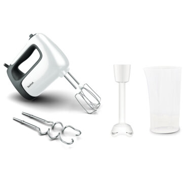 Mixer de mana Prep'Mix HT461138, 500W, 5 viteze, Turbo, 2 accesorii pentru aluat, 2 teluri, picior pasator, alb