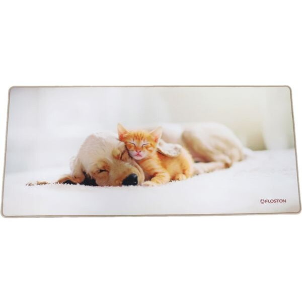Mousepad Pet Friends 90x40cm Baza Cauciucata Suprafata Textila Margini Cusute Bej