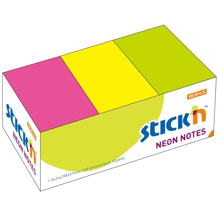 Notes autoadeziv 38 x 51 mm, 12 x 100 file/set, Stick'n - 3 culori neon