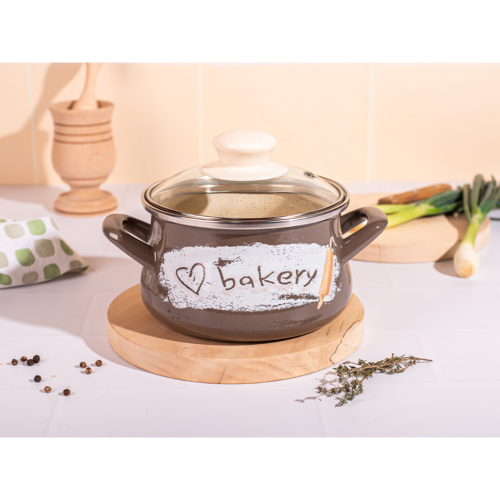 Oala cu Capac de Sticla Bakery Capacitate 1.65L Diametru 14CM Maro/Bej