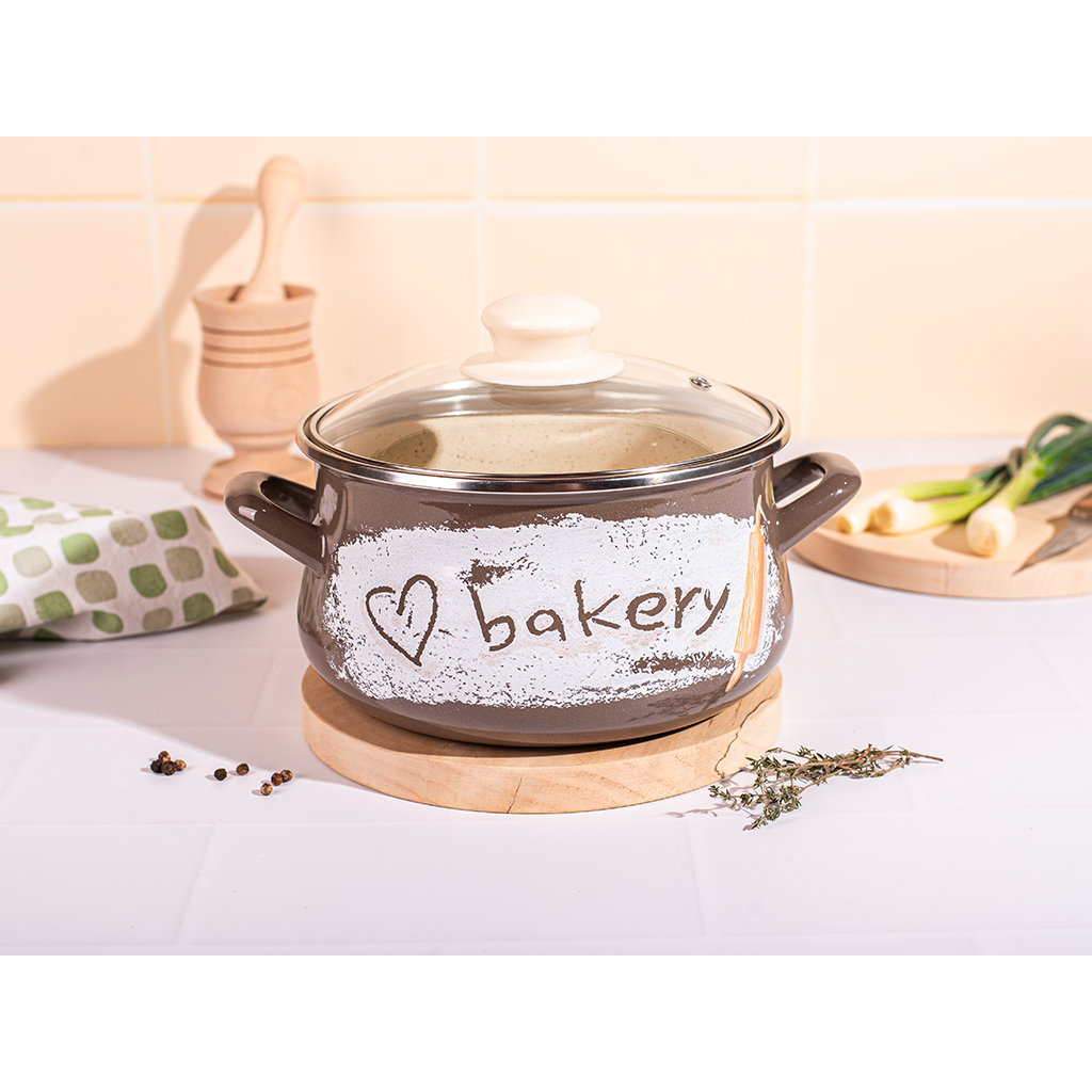 Oala cu Capac de Sticla Bakery Capacitate 2.2L Diametru 16CM Maro/Bej