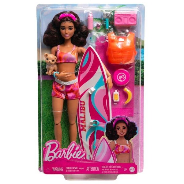 Papusa Barbie Doll with Surfboard and Puppy, Poseable Brunette Barbie Beach Doll