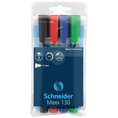 Permanent marker Schneider Maxx 130, varf rotund 1-3mm, 4 culori/set - (N, R, A, V)