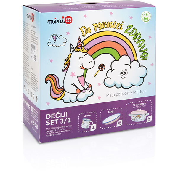 Set Junior Unicorn din Metal Emailat Cratita Mica + Farfurie + Cana Alb/Roz