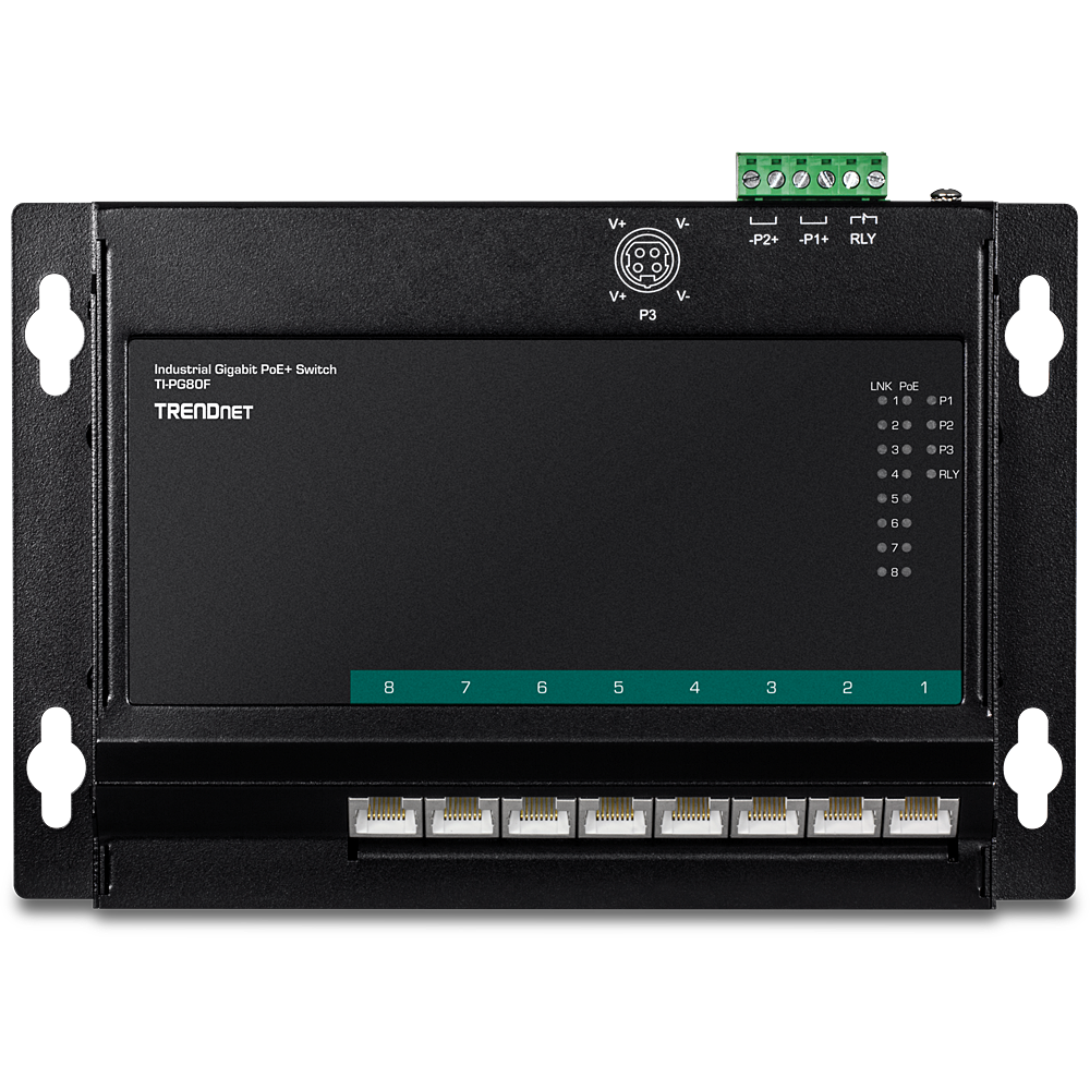 Switch 8-Port Industrial Gigabit PoE+ WallMount Front Acc.