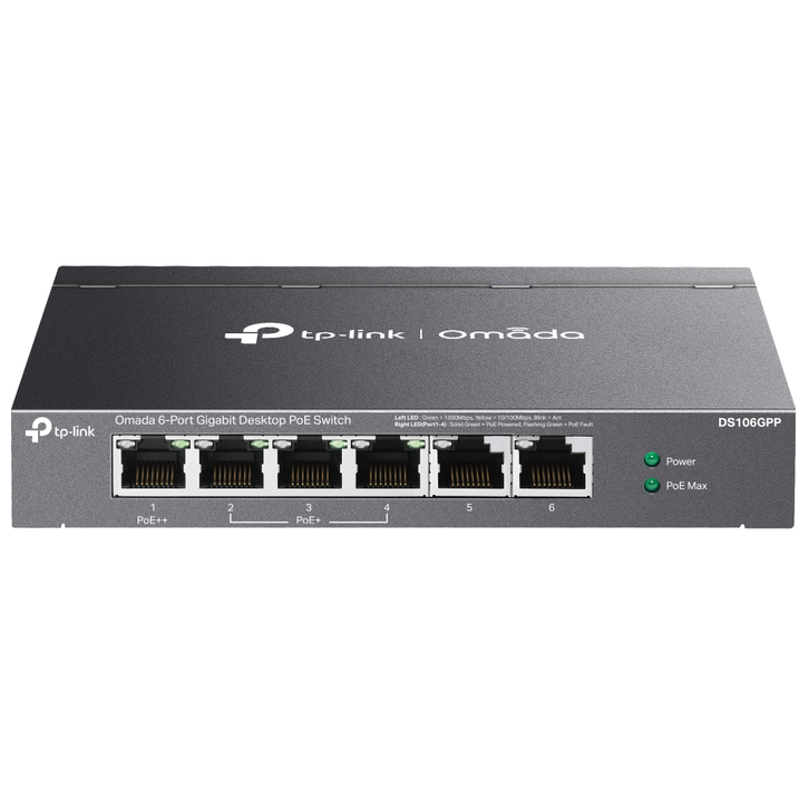 Switch Omada DS106GPP fara Management 6 Porturi Gigabit (4 Porturi POE+ Buget Total 64W) Carcasa Metalica Negru