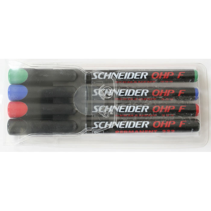 Universal permanent marker Schneider Maxx 222 F, varf 0.7mm, 4 culori/set - (N, R, A, V)